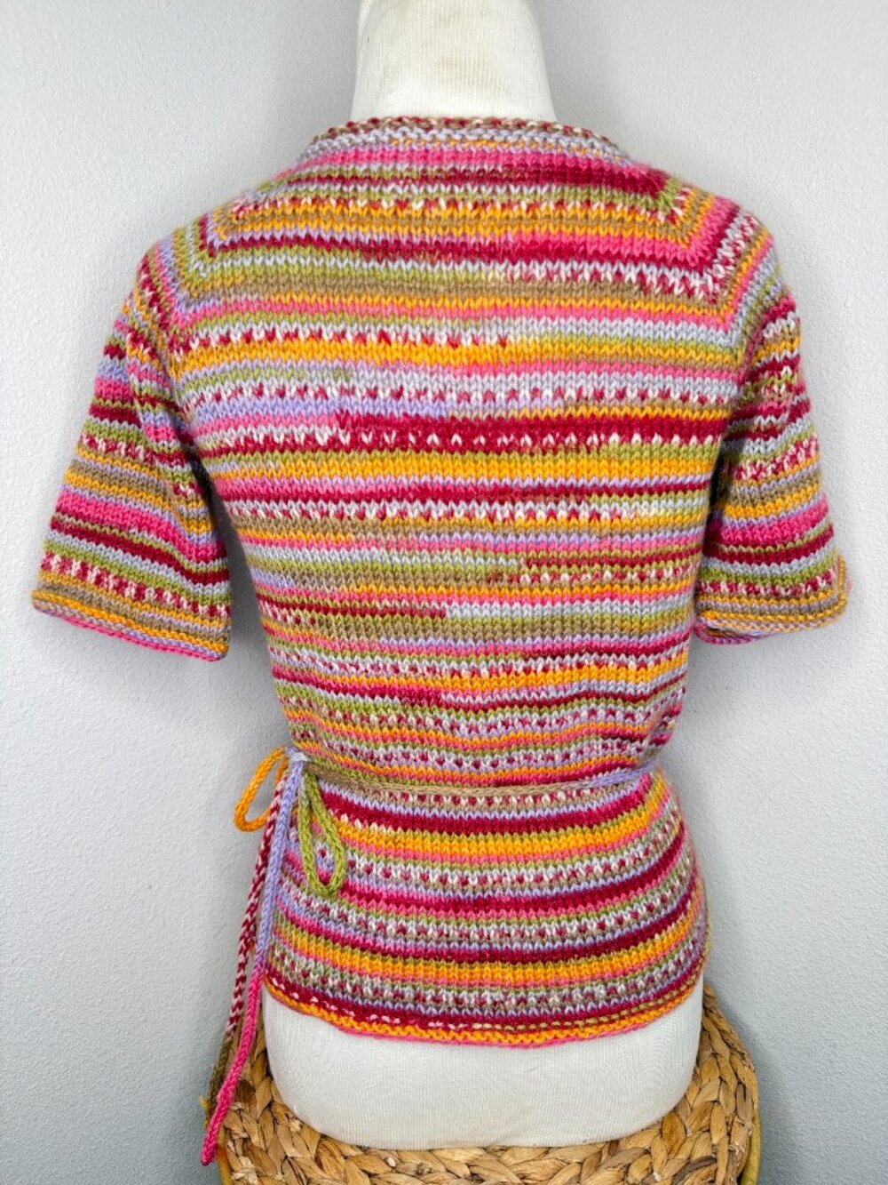 Handmade Knit Multi Color Wrap Short Sleeve Sweater Top V Neck Tie Closure - Picture 5 of 5
